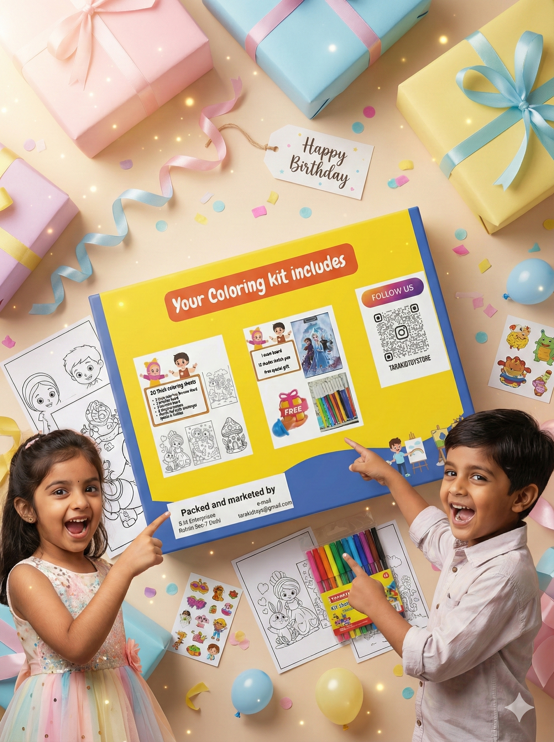 Tarakid Coloring & Activity Kit – 20 Sheets + Sketch Pens + Stories + Fun Activities (Vol. 1)