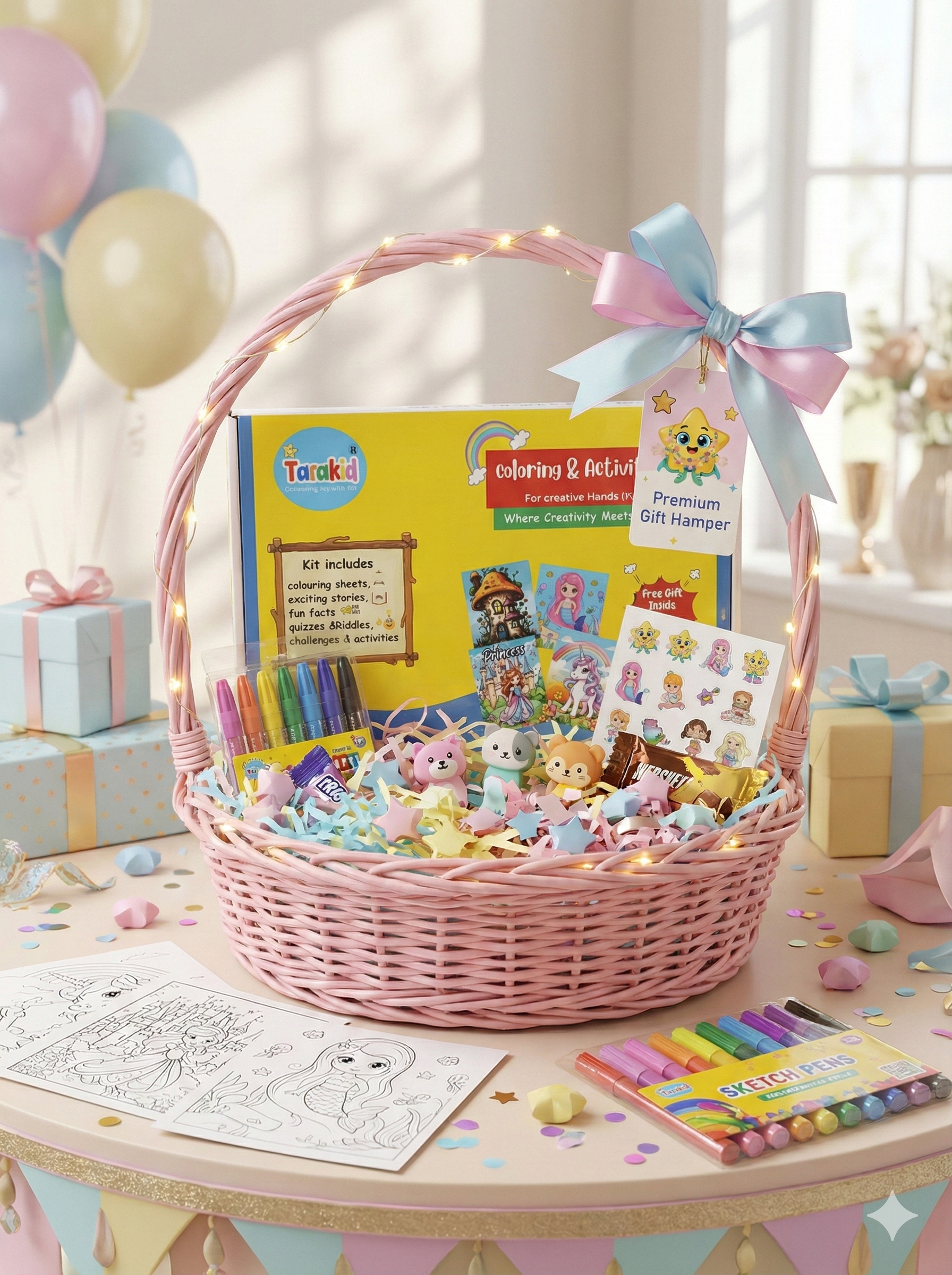 Tarakid Coloring & Activity Kit – 20 Sheets + Sketch Pens + Stories + Fun Activities (Vol. 1)