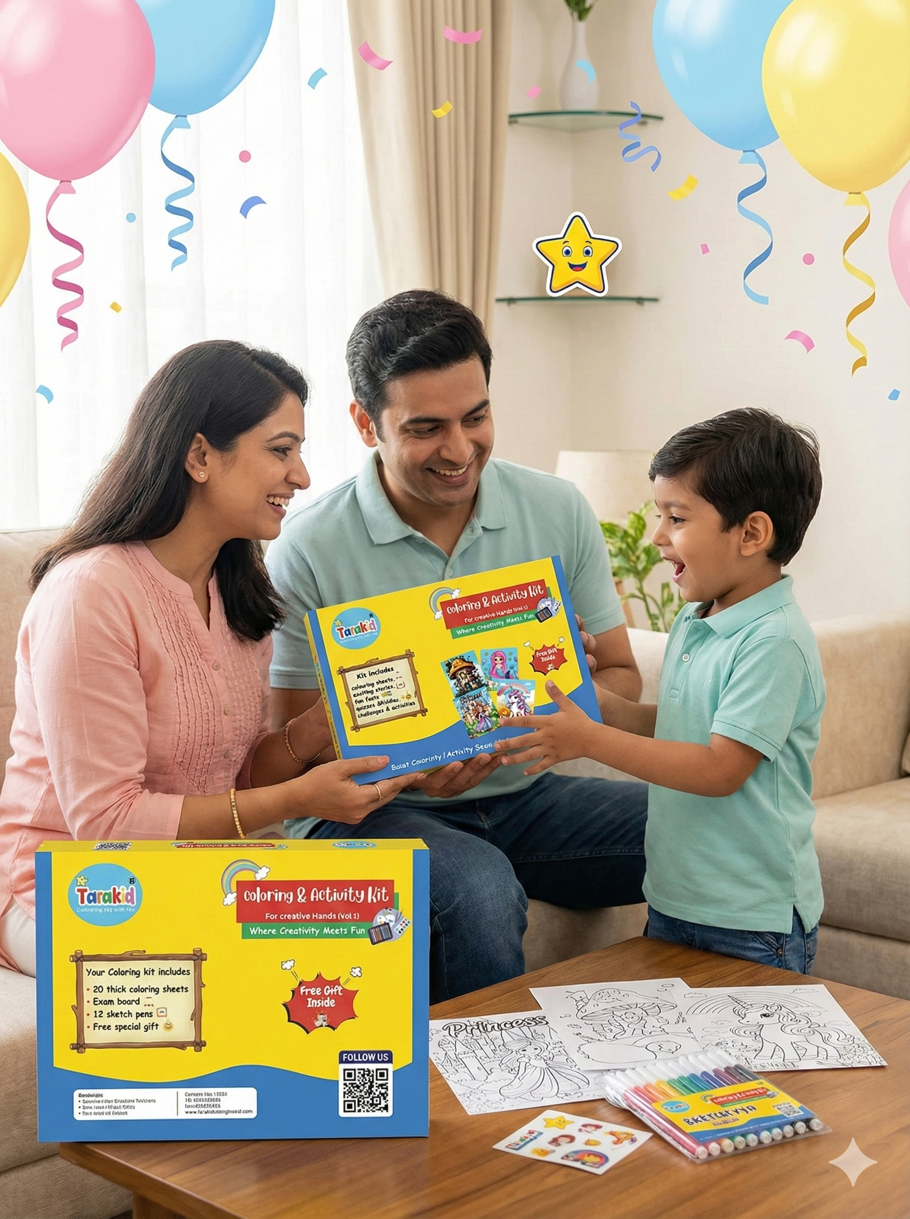 Tarakid Coloring & Activity Kit – 20 Sheets + Sketch Pens + Stories + Fun Activities (Vol. 1)