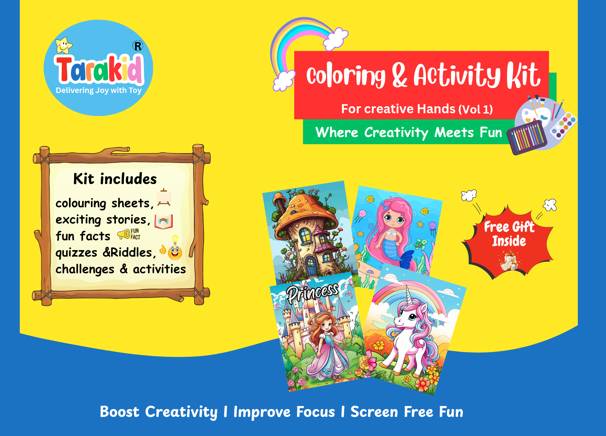 Tarakid Coloring & Activity Kit – 20 Sheets + Sketch Pens + Stories + Fun Activities (Vol. 1)